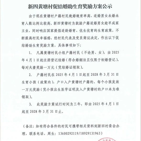 廣東一村結婚生育各獎勵1萬元！